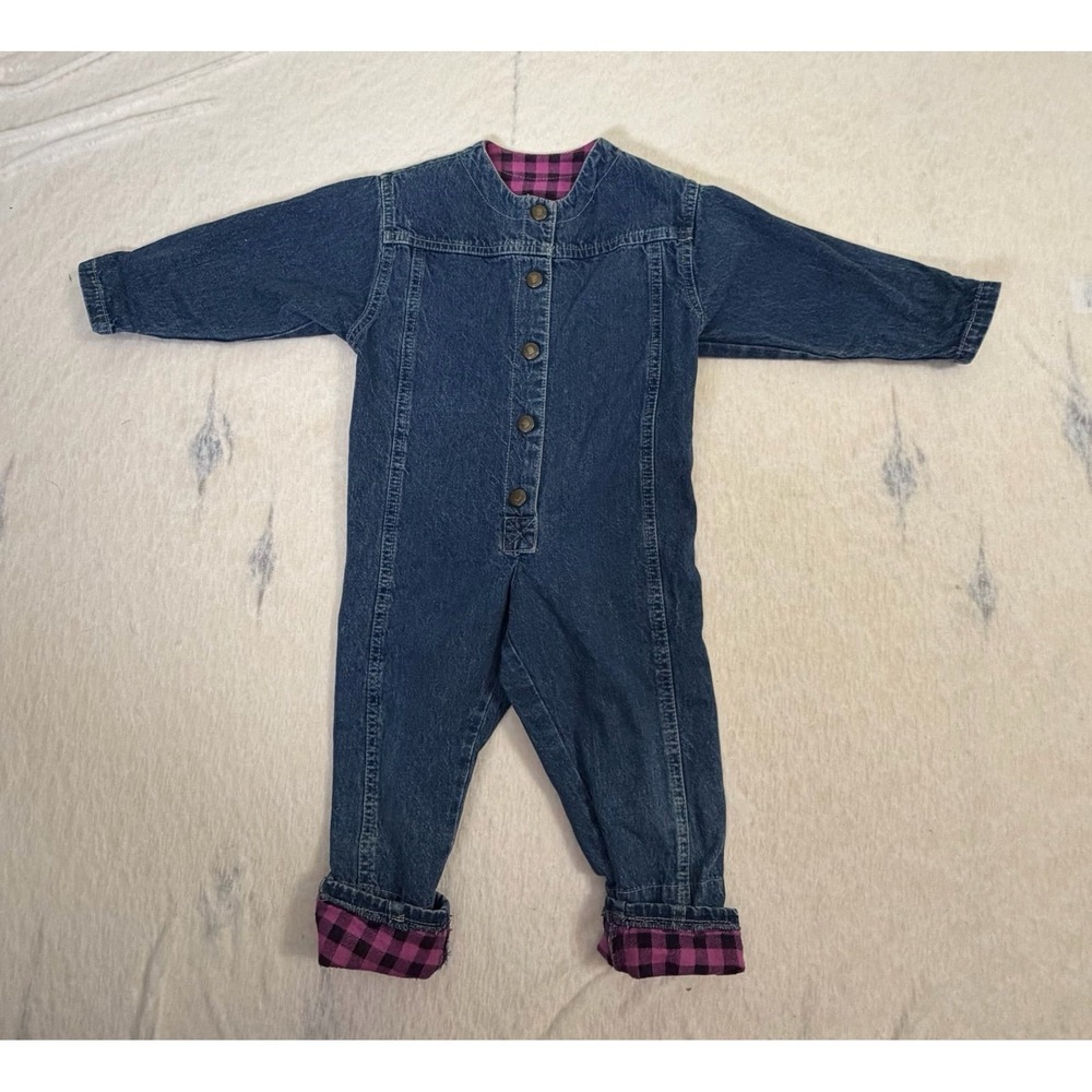 Vintage Levi's Baby Denim Romper Plaid Cuffs Buttons USA Made 3T